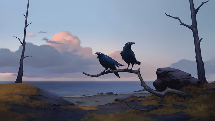 Two ravens perched on a dead branch overlooking the sea