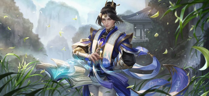 Anime boy with magic books and flowing robes
