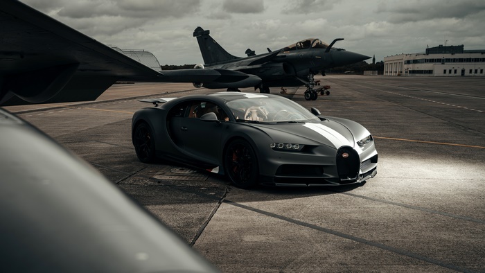Bugatti Chiron with Jet Fighter on Tarmac