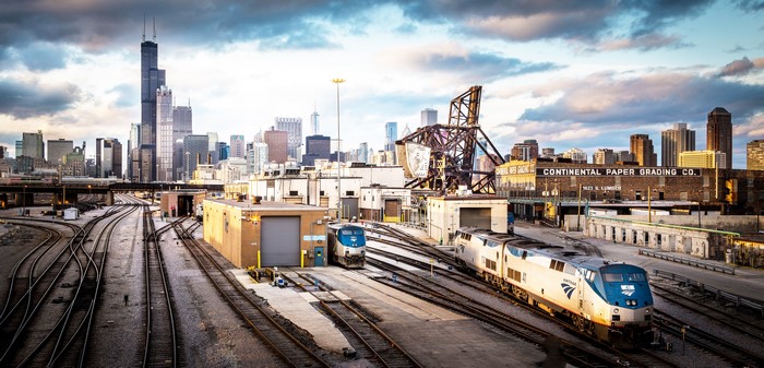 Chicago cityscape with Amtrak trains and railway yard