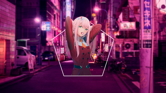 Zero Two from Darling in the FranXX in a neon city