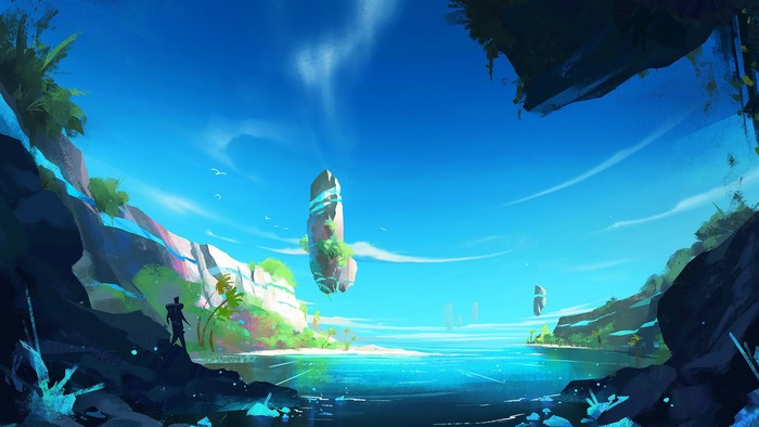 Fantasy landscape with floating islands and a lone figure