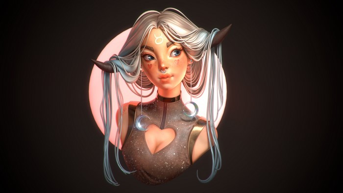 Taurus zodiac girl with horns and moon earrings
