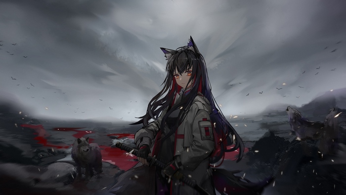 Texas (Arknights) with Katana and Wolves