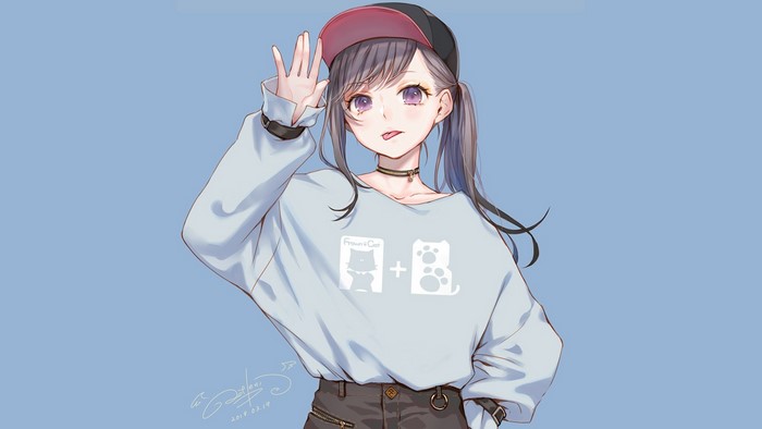 Anime girl with cat and dog graphic on sweater