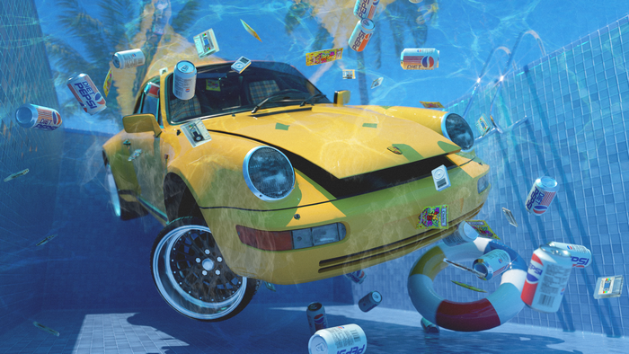 Yellow Porsche sinking in pool with Pepsi cans