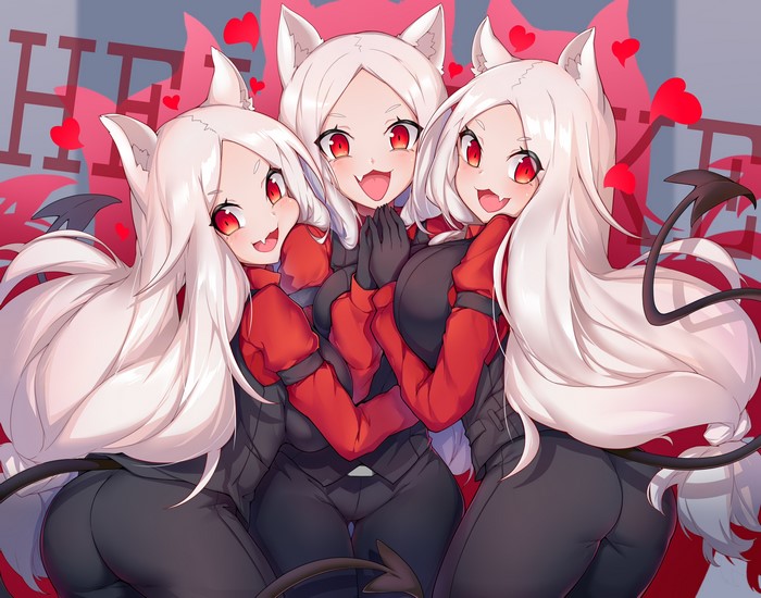 Artwork Heart Eyes Tail Modeus Helltaker Anime Ohako Anime Girls Undressing Horns