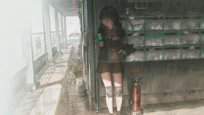 Anime girl in school uniform with a gun