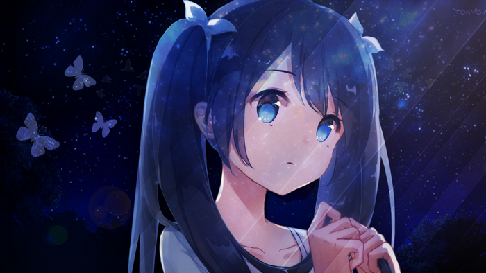 Anime girl with blue eyes and pigtails at night
