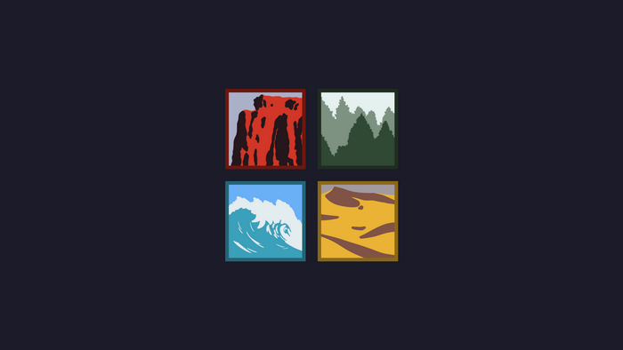 Four elemental icons: fire, forest, water, and earth
