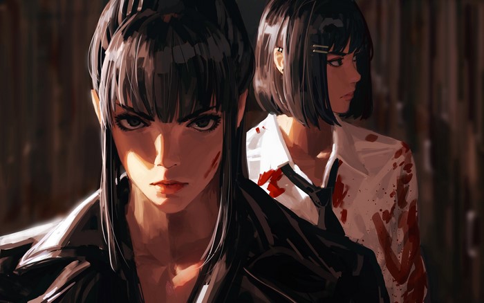 Two women with blood splatters, artwork by GUWEIZ