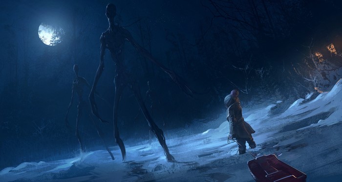 Creatures and a child in a snowy landscape
