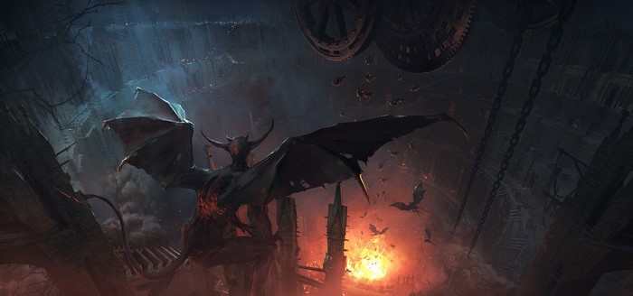 A demon with bat wings in a fiery cavern