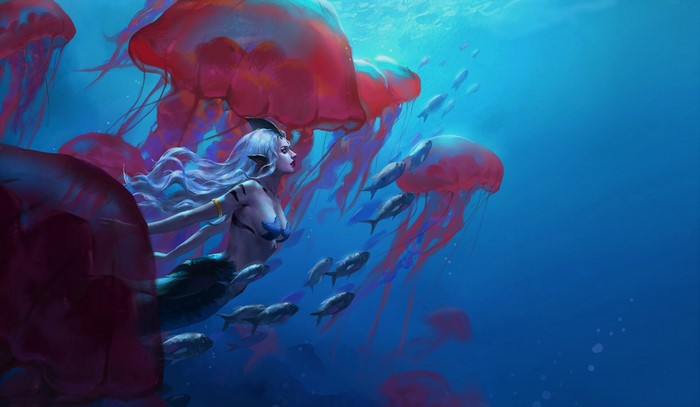 Siren swimming with jellyfish and fish