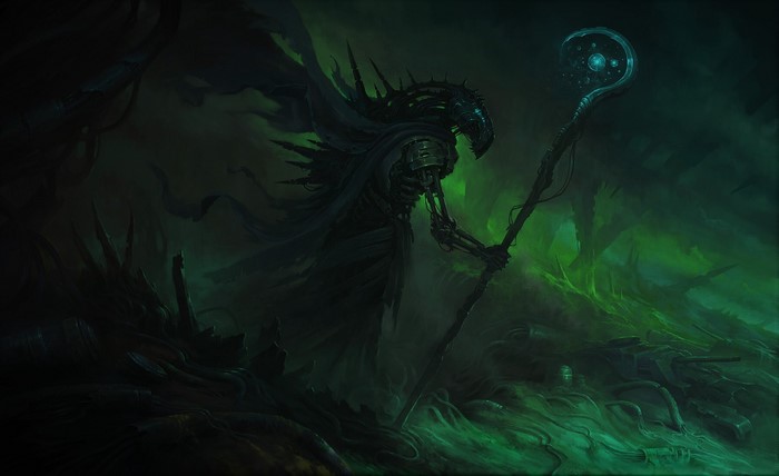 Robot with staff in a dark, green, alien landscape