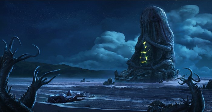 Fantasy art of a monstrous creature on a beach at night