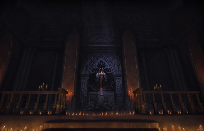 Fantasy art of a dark cathedral with candles