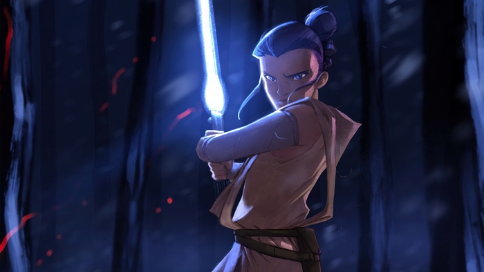 Young Jedi with blue lightsaber in forest