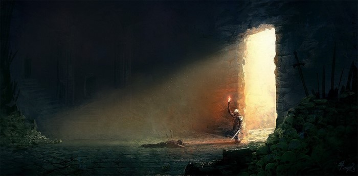 Knight with Torch in Dark Cave from Dark Souls
