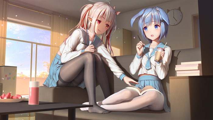 Two anime girls studying with drinks and fruit