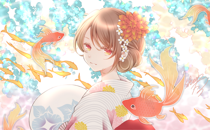 Anime girl in kimono with goldfish and flowers