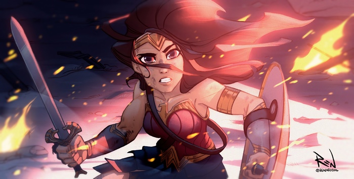 Wonder Woman with Sword and Shield in Battle