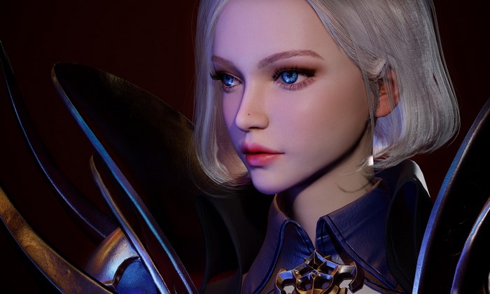 CGI woman with blonde short hair and blue eyes