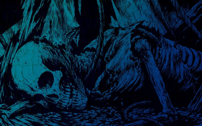 Artwork of a skeleton and skull in blue tones