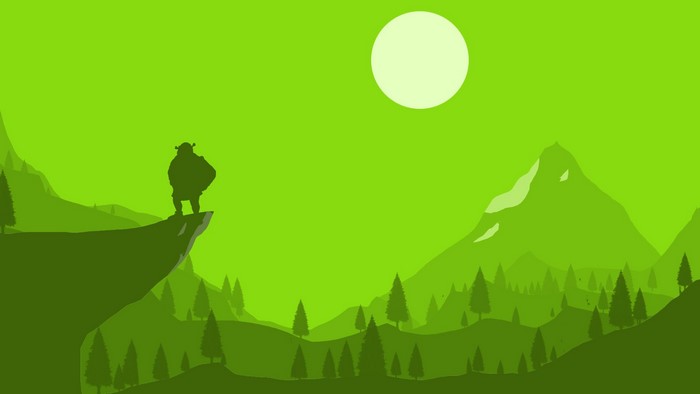 Shrek silhouette on a cliff overlooking a minimalist landscape
