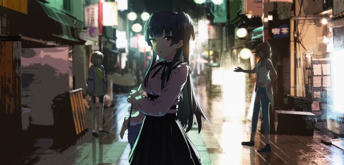 Anime girls in a dark, rainy urban alleyway
