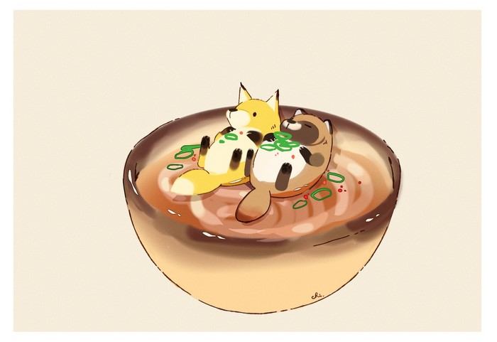 Two cartoon animals relaxing in a bowl of ramen