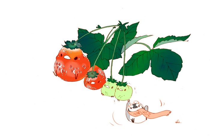 Cute penguin with scarf and anthropomorphic strawberries