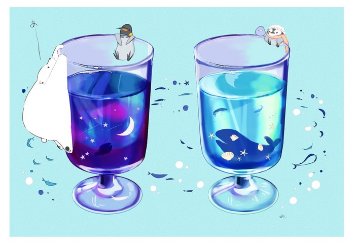 Two glasses with fantasy drinks and cute animals