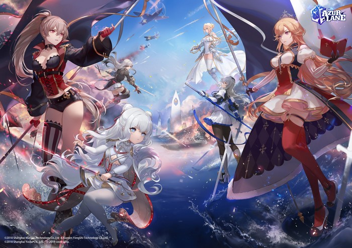 Azur Lane characters in battle with aircraft and ships