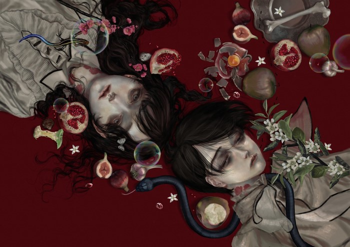 Fantasy art of two figures with fruits and a snake