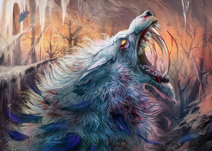 Fantasy art of a bloody werewolf in a forest