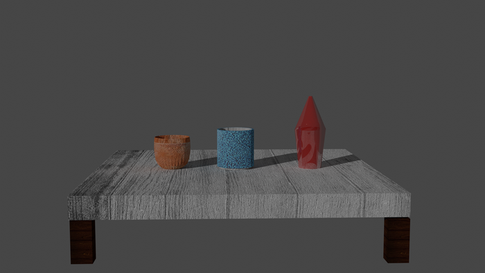 Three objects on a wooden table, 4K
