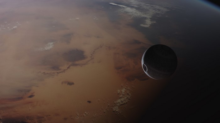 Death Star orbiting a planet in Star Wars
