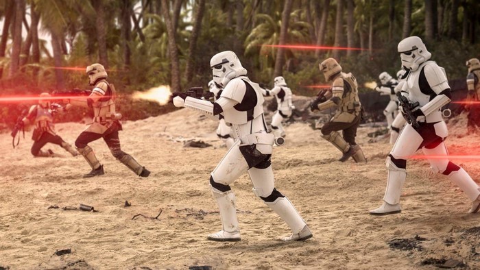 Stormtroopers in battle on a beach from Rogue One: A Star Wars Story