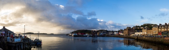 4K Panorama of a Coastal Town at Sunset