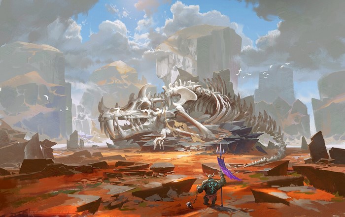 Giant dinosaur skeleton in a rocky desert landscape