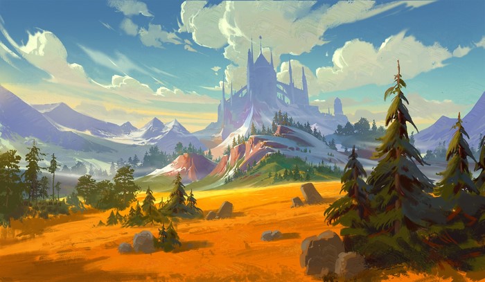 Digital art landscape of a fantasy castle in the mountains