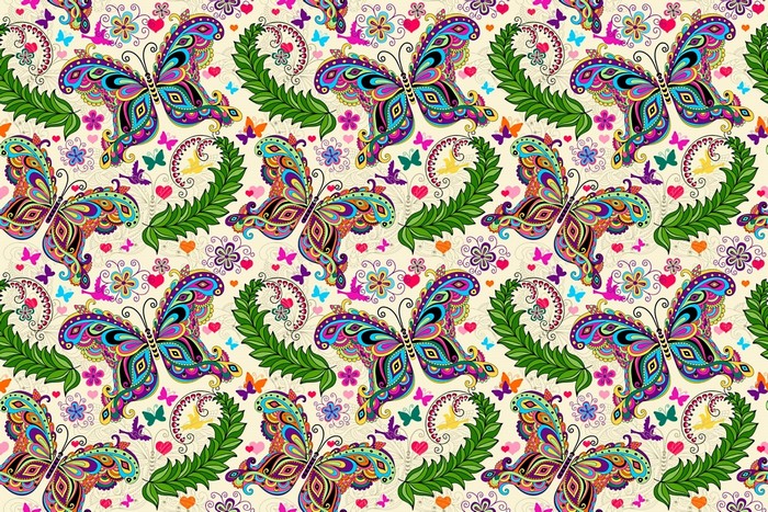 Colorful butterfly pattern with floral elements