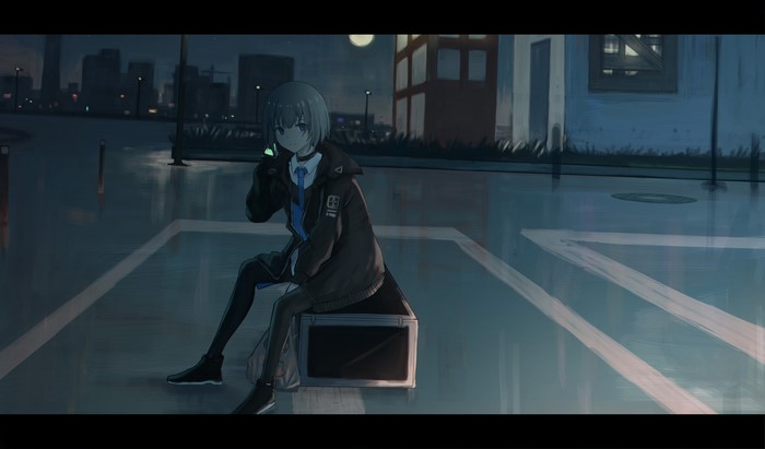 Anime girl sitting in a rainy parking lot at night