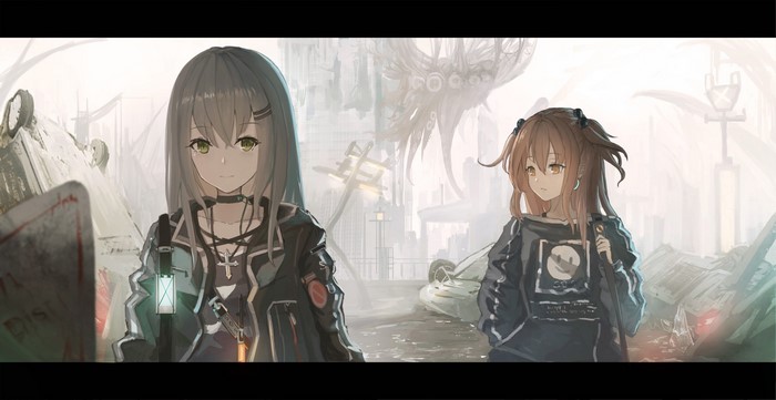 Two anime girls in a post-apocalyptic city