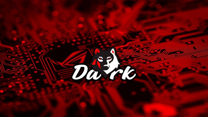 Dark wolf logo on ASUS motherboard background