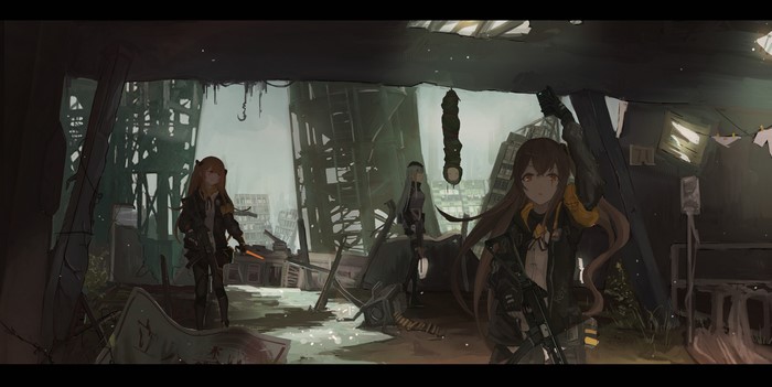 Girls from Girls Frontline in a ruined city