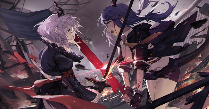 Talulah and Chen from Arknights fighting with swords