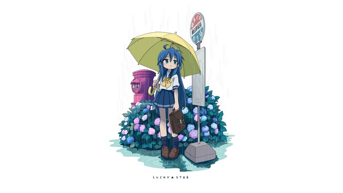 Izumi Konata from Lucky Star in the rain at a bus stop