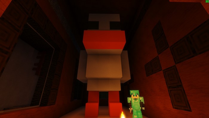 Minecraft character standing next to a large robot statue
